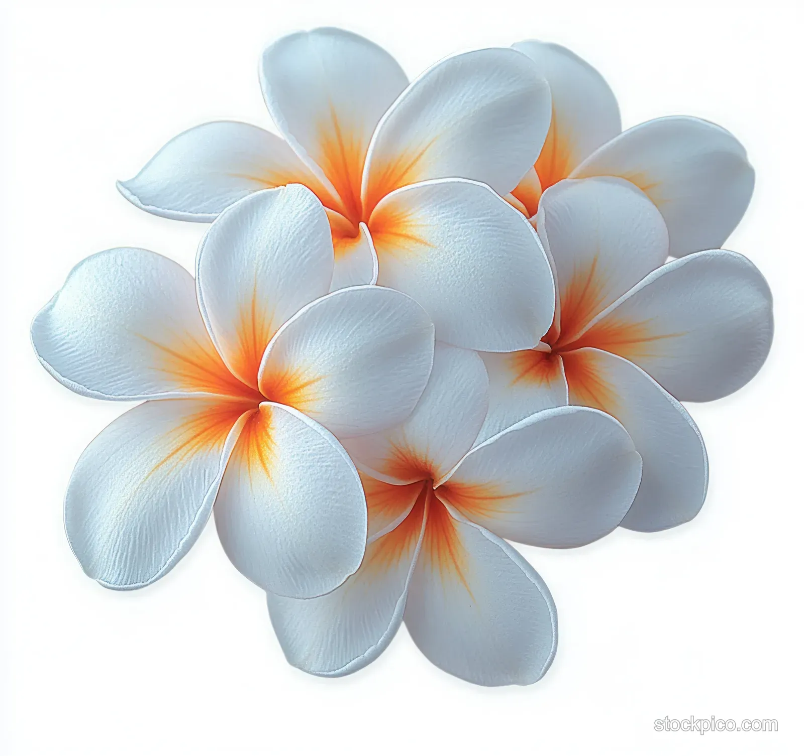 White plumeria flowers with orange centers arranged closely on a plain white background.