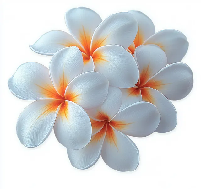 White and orange plumeria flowers clustered on a clean white background