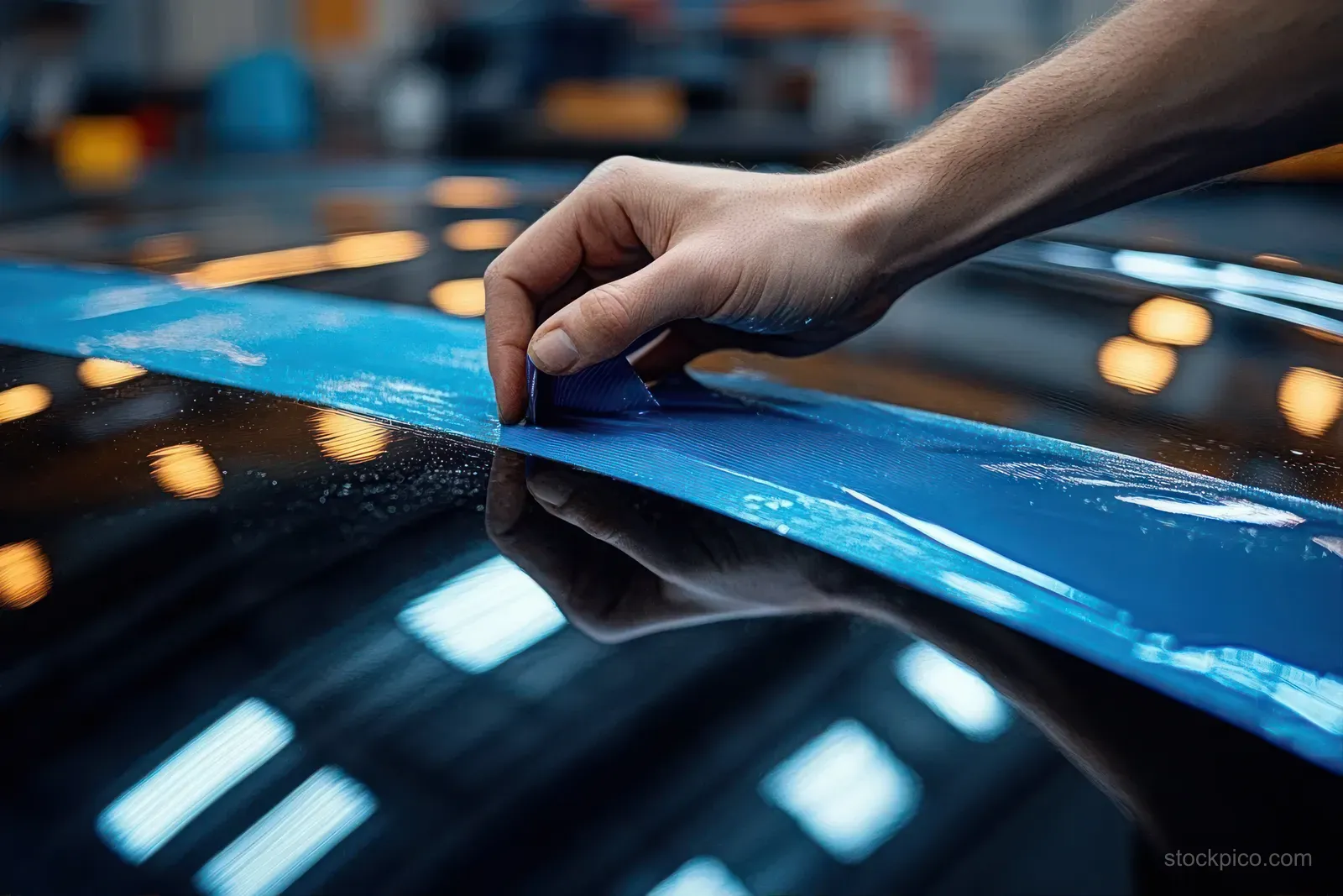 A hand smooths blue protective tape on a glossy dark surface while workshop lights blur in the background.