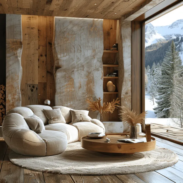 Beige sofa and wooden coffee table sit in a Scandinavian living room with panoramic winter mountain scenery through large windows.