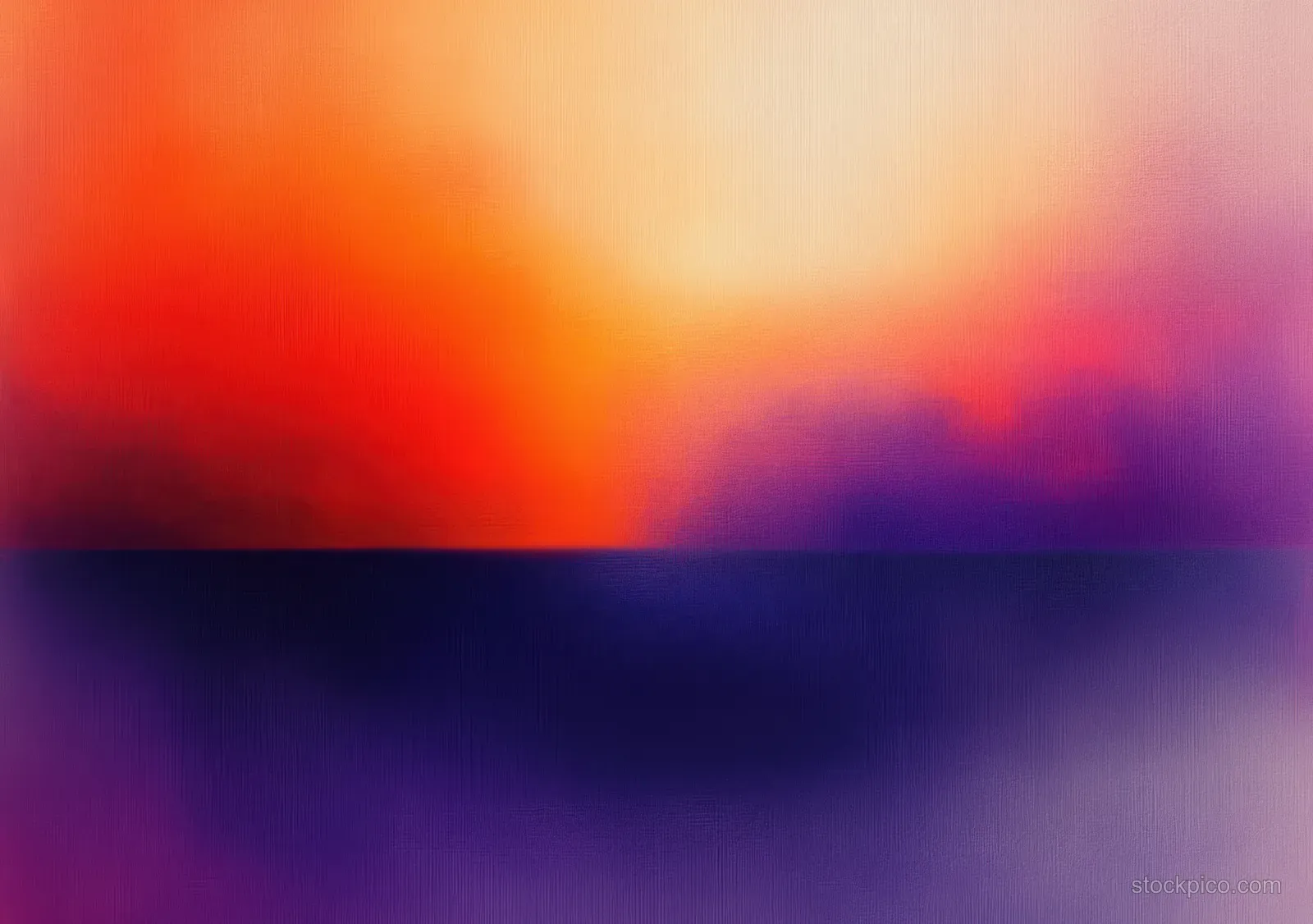 Abstract seascape at dusk with deep purple water and a glowing orange and pink sunset sky.
