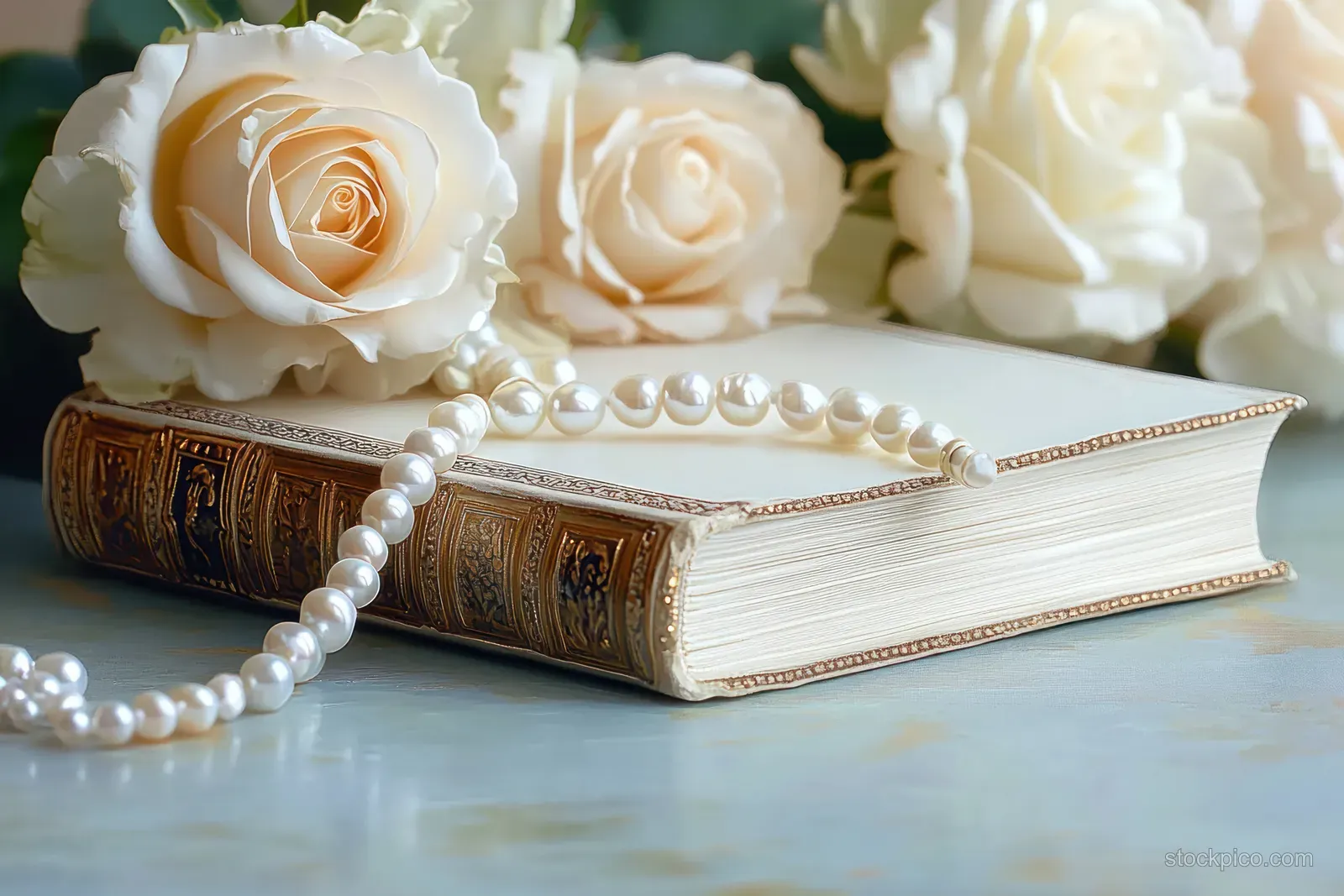 Pearl necklace lies across a closed antique book as creamy white roses blur in the background.