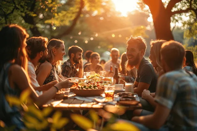 Friends gather around a picnic tablecloth in a park, smiling and eating as golden-hour sun flares through trees.