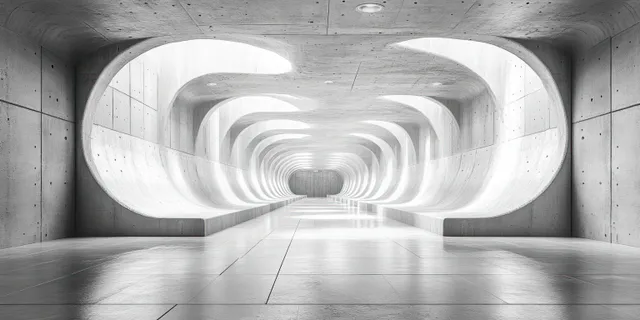 Symmetrical minimalist concrete gallery corridor with empty walls, harsh overhead light, and tunnel-like vanishing perspective.