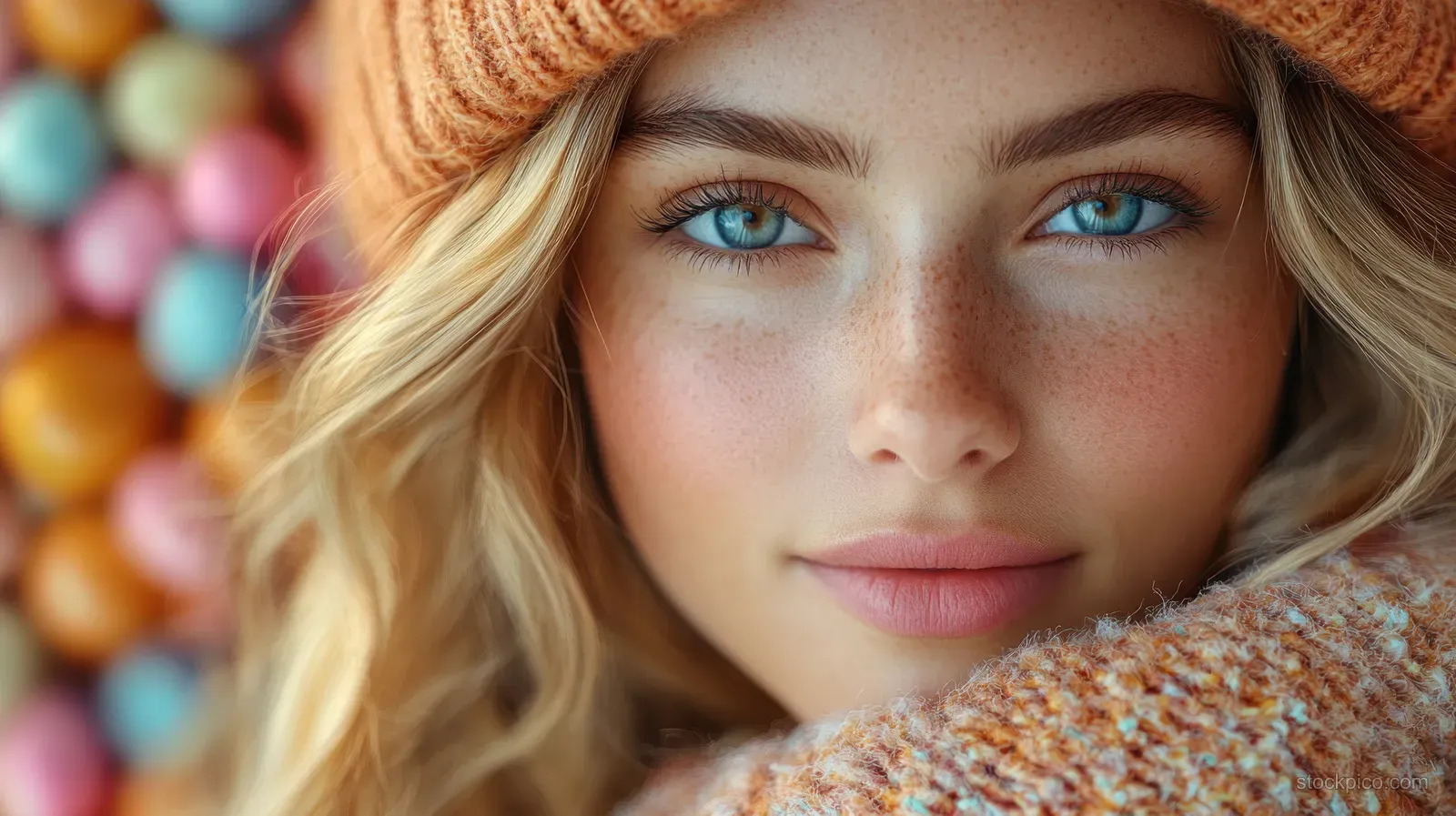 Smiling woman in a whimsical knit hat with colorful candies softly blurred in the background.