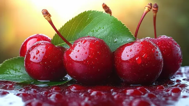 Close-up of red cherries covered with water droplets and green leaves on a wet surface.