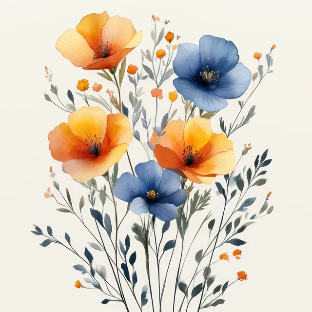 Watercolor wildflower seamless pattern with orange and blue blossoms and soft green leaves