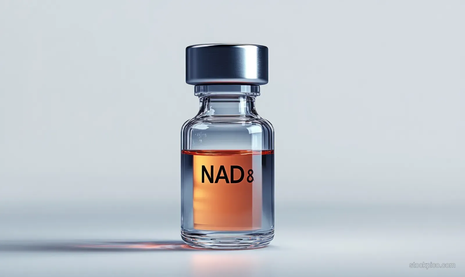 Transparent vial with metallic cap containing orange liquid labeled NAD8 on a clean neutral background.