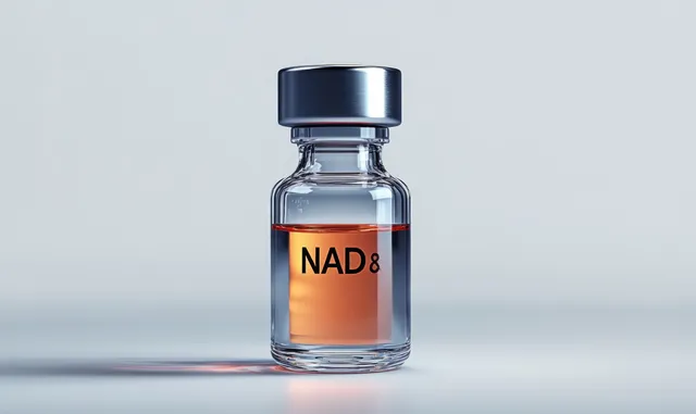Transparent vial with metallic cap containing orange liquid labeled NAD8 on a clean neutral background.