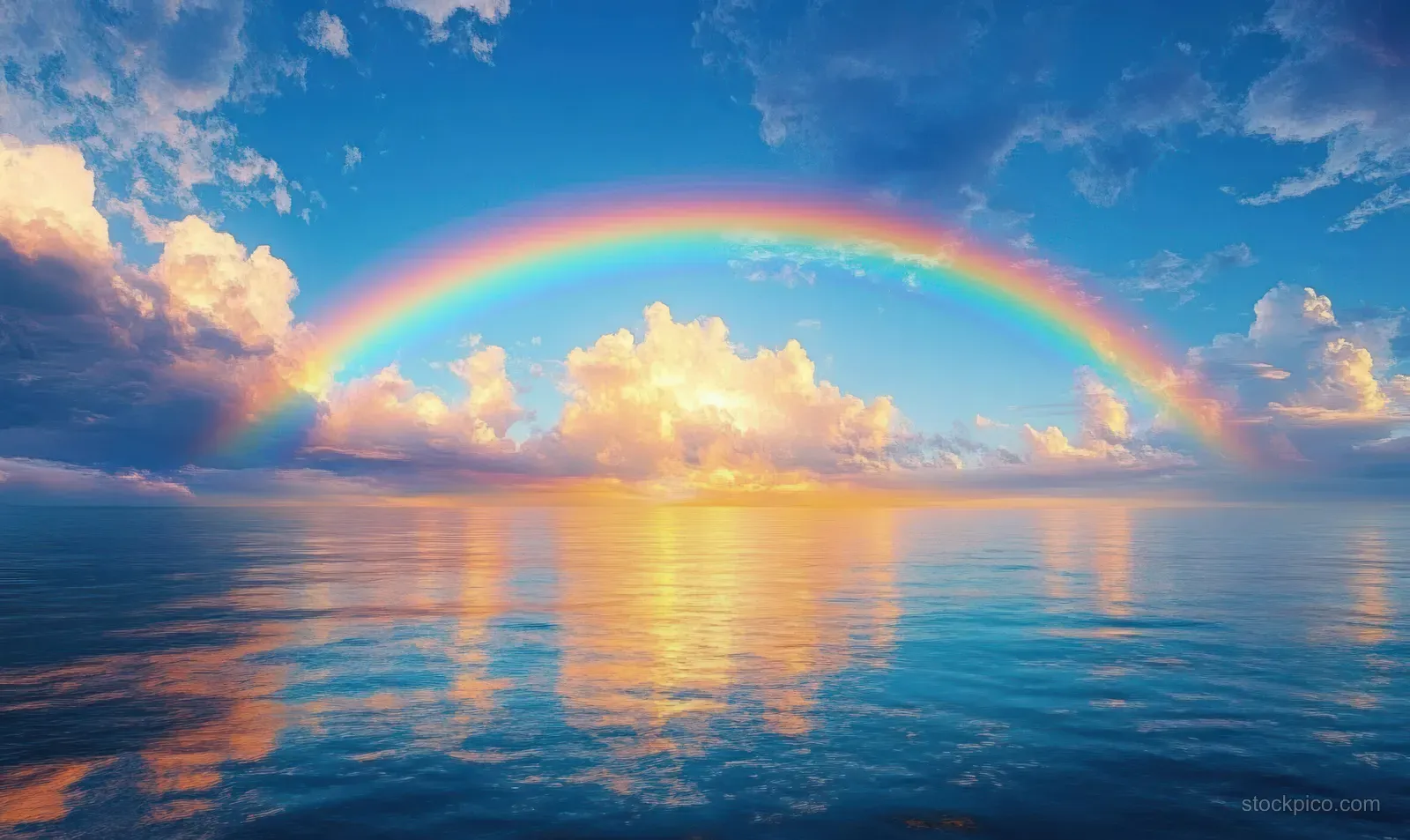 Rainbow arches over a calm ocean with glowing clouds and reflected light.