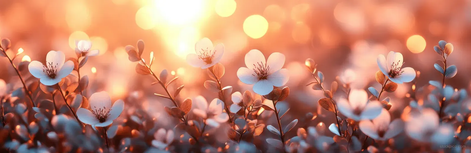Pastel eucalyptus leaves and small white gypsophila blossoms across a warm bokeh floral background.
