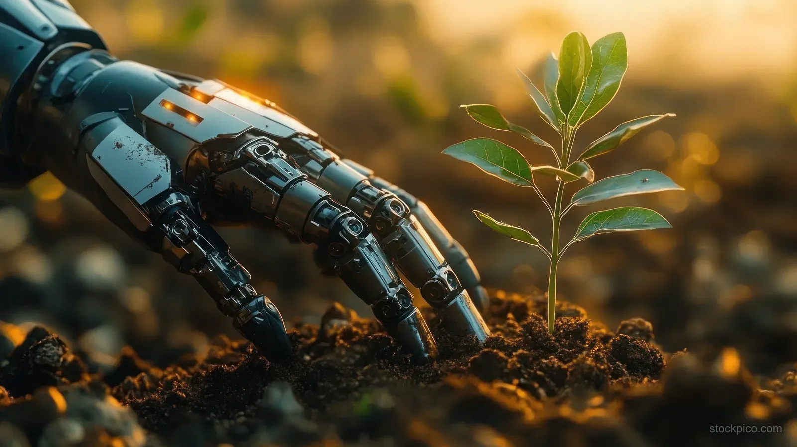 A robotic hand plants a small sapling in soil at sunset.