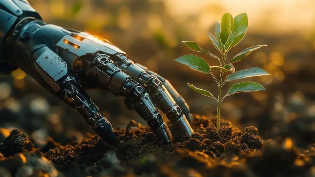 A robotic hand plants a small sapling in soil at sunset.