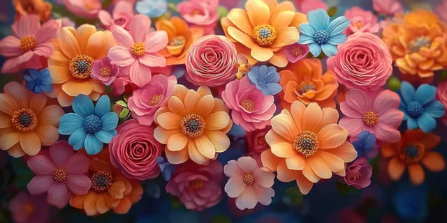 Layered paper-cut flowers arranged like a colorful bouquet mosaic with roses, daisies, and orange blossoms.
