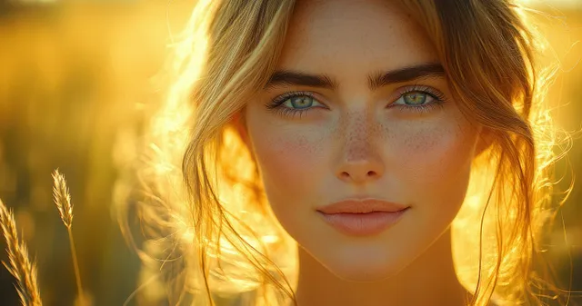 Young woman smiles in a countryside field at golden sunset, soft cinematic lighting