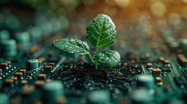 A green sprout rises from a wet circuit board while water droplets sparkle on the electronics.