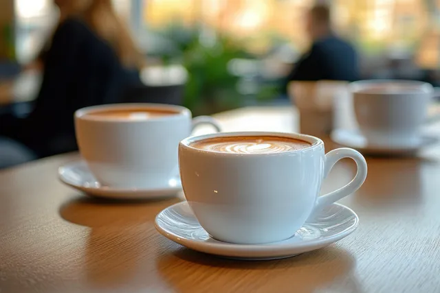 Three white ceramic coffee cups with latte art on a wooden cafe table