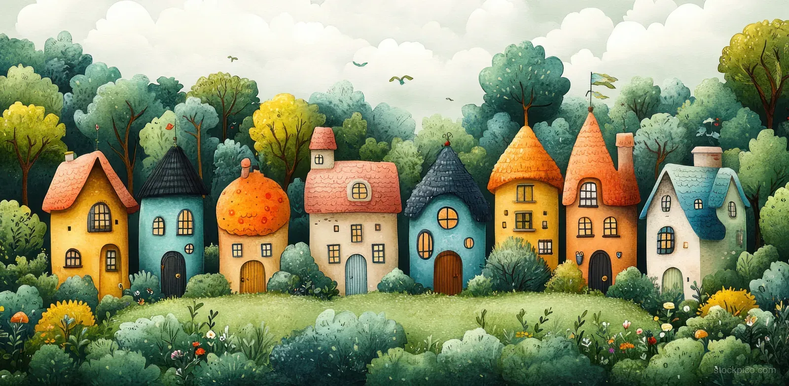 Watercolor village street with colorful houses, small tower, flowers, and lush green trees under fluffy clouds.
