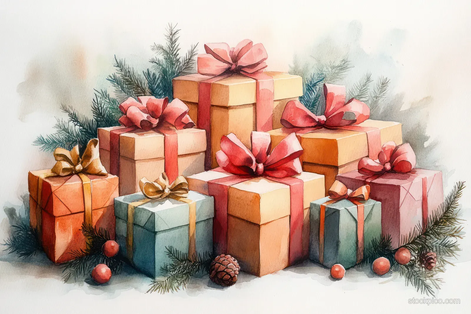 Watercolor illustration of wrapped gift boxes with red ribbons arranged on pine branches with berries and pinecones.