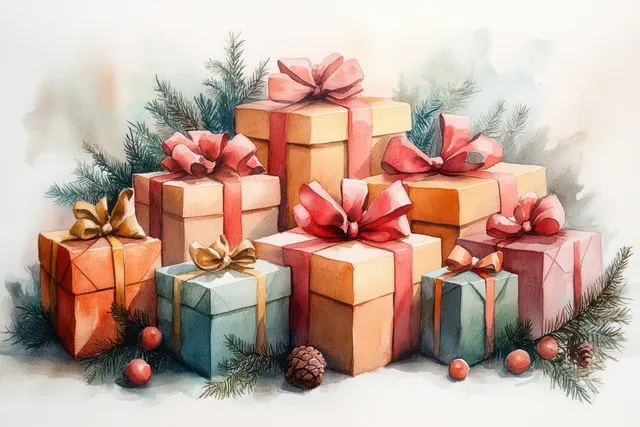 Watercolor gift boxes with ribbons and pine sprigs in snowy Christmas and birthday scene