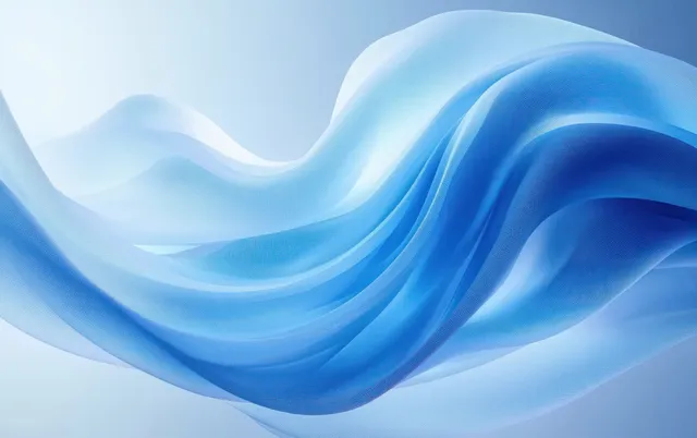 Transparent blue wave ribbons curl across a misty gradient background with soft backlighting.
