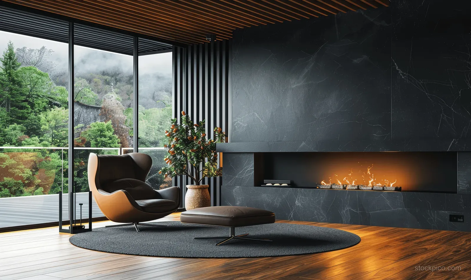 Dark living room interior with sofa and armchair beside a lit fireplace and panoramic window view.