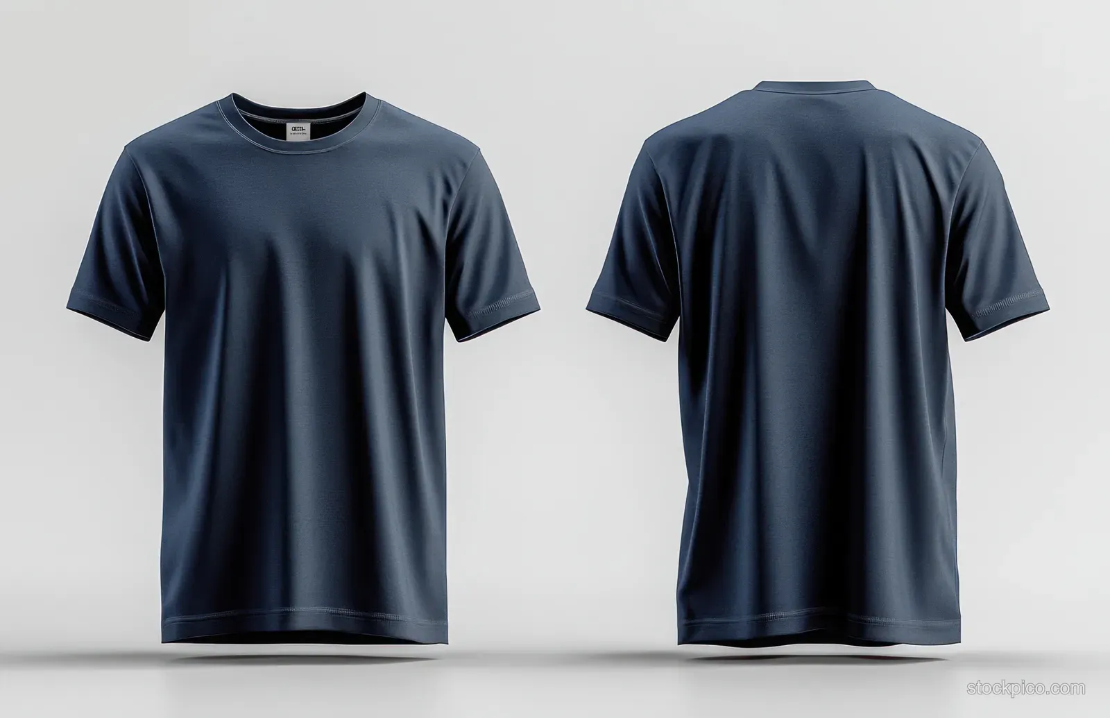 Navy crew-neck T-shirt front and back mock-up on a white background with visible fabric texture.