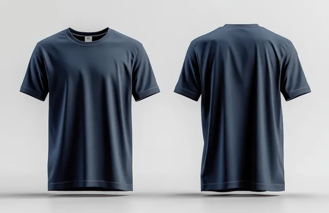 Navy crew-neck T-shirt front and back mock-up on a white background with visible fabric texture.