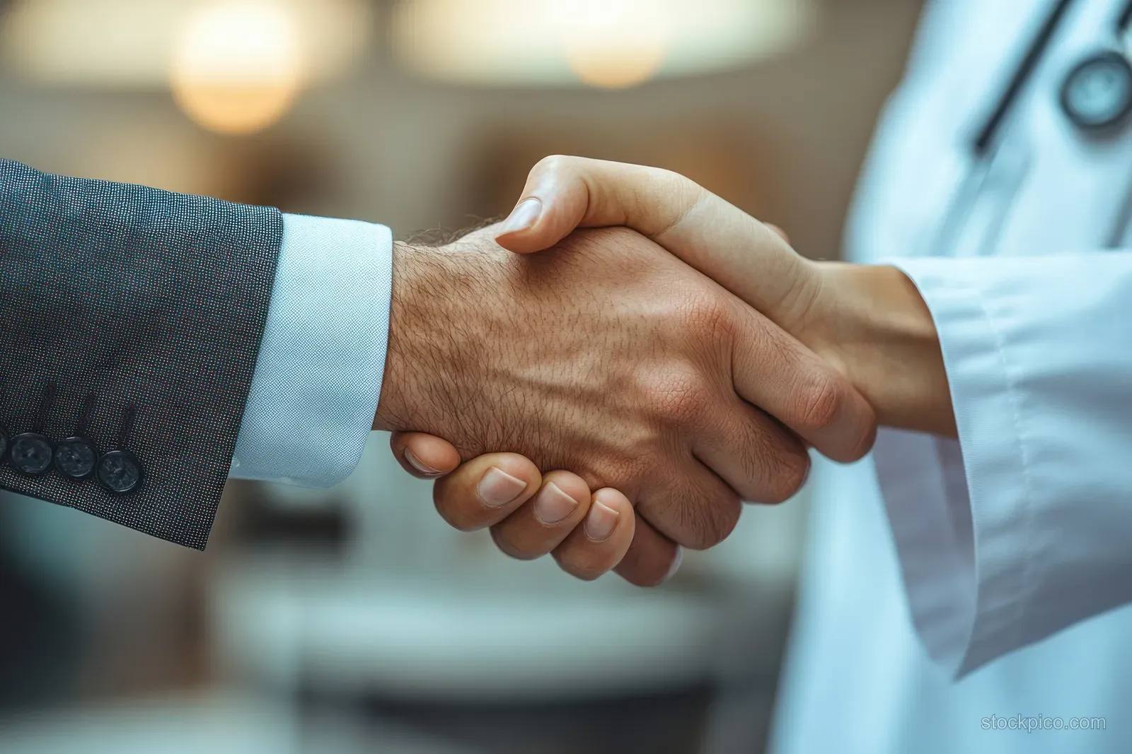 A businessman in a suit shakes hands with a doctor in a medical clinic lobby.