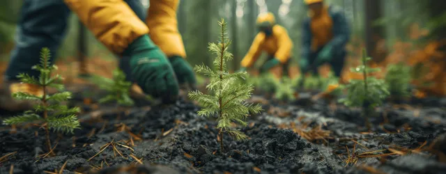 Volunteers plant conifer saplings in dark soil in a mountainous open reforestation area