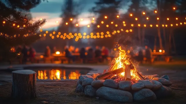Campfire glow beside stones as friends sit at picnic tables under string lights at dusk