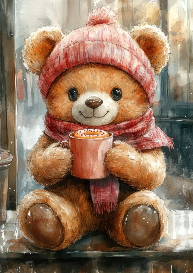 Watercolor teddy bear in knitted cap holding mug with foamy cocoa and donut