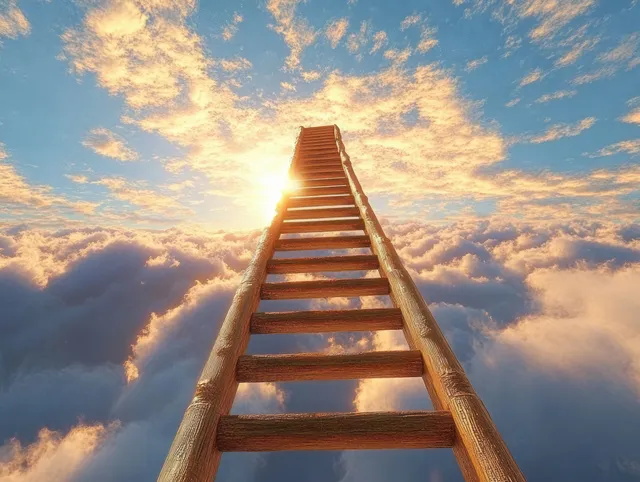 Wooden ladder climbing into bright sky above fluffy clouds at golden sunrise