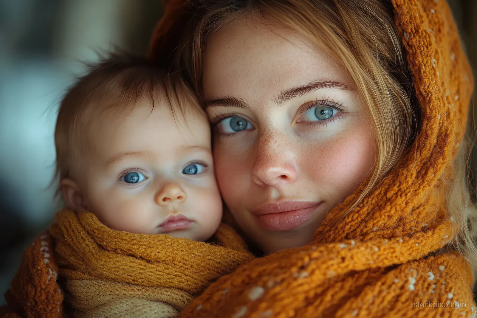 Mother cuddles her newborn baby close in a warm wool hoodie, both facing the camera.