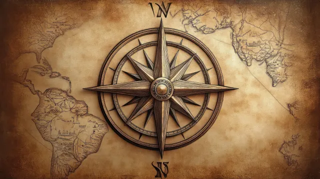 Antique wooden compass rose centered on sepia world map with Atlantic and continents