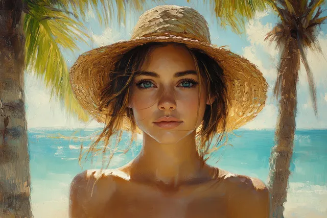 Smiling woman wearing a straw hat relaxing on a tropical beach with palm trees and ocean behind her.