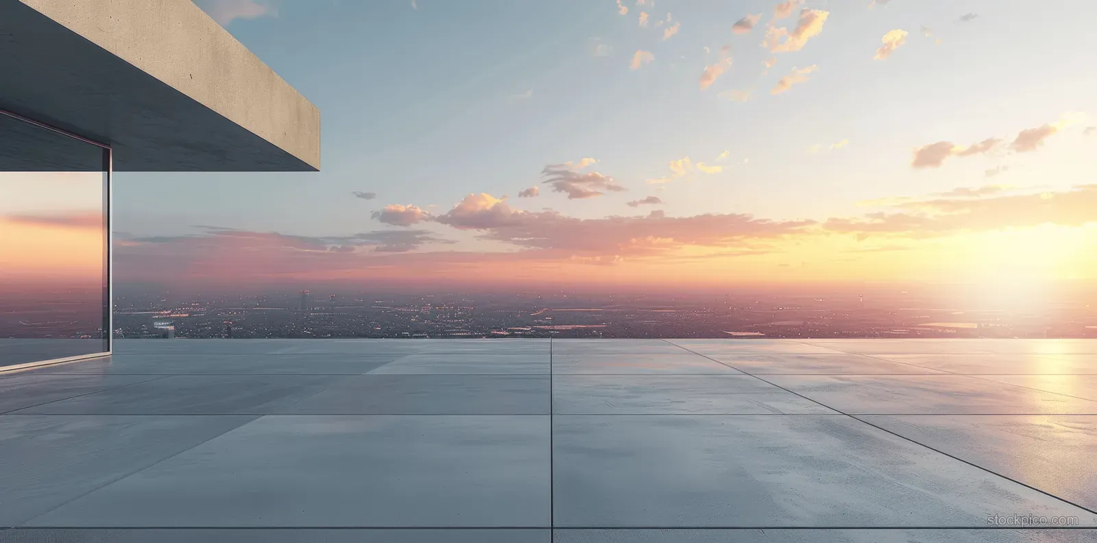 Concrete rooftop platform and glass wall edge overlook a sunset city horizon with soft long shadows.