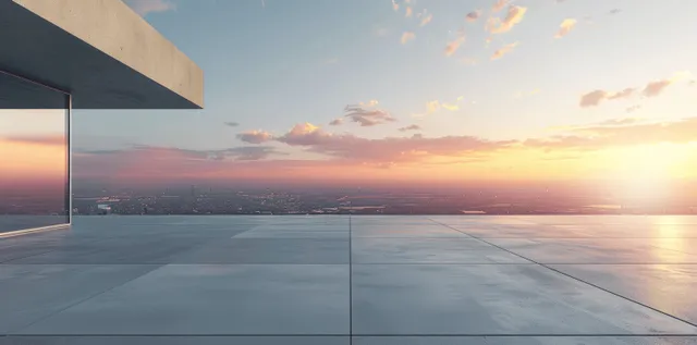 3D rooftop platform with concrete floor and sunset city horizon for product display mockup