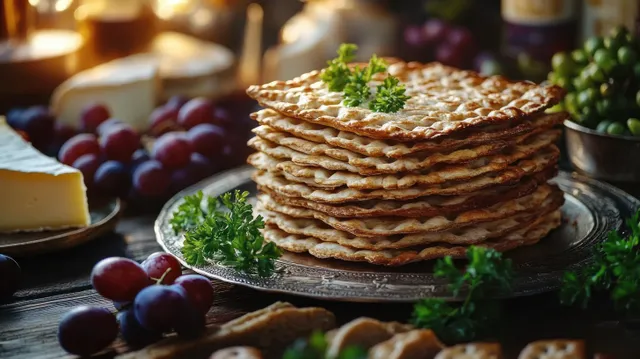 Stack of crispy flatbreads on a plate garnished with parsley, olives, and grapes