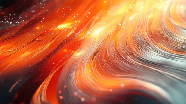 Orange and white flowing ribbon lines swirl with glowing light streaks and small sparkling particles.
