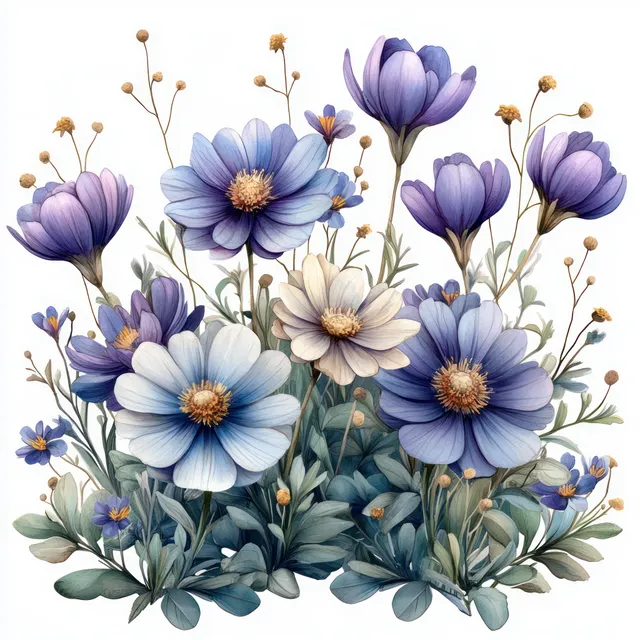 Pastel watercolor spring bouquet with daisies and crocuses, centered on white background