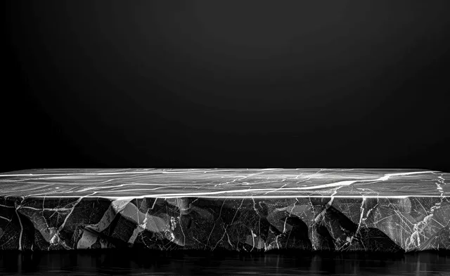 Glossy black marble slab with intricate white veins resting on a dark background.