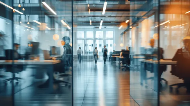 Blurred IT workers in an open-space office typing on laptops as light streaks move across the room.