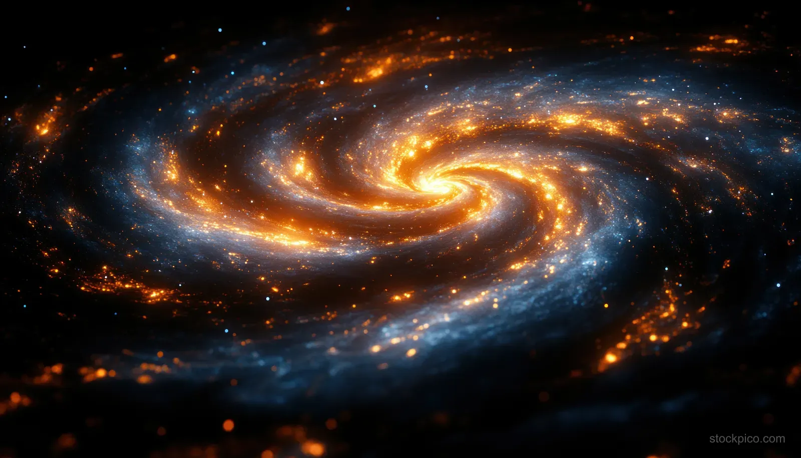 A blue-and-gold spiral galaxy swirls through a star-filled dark space background.