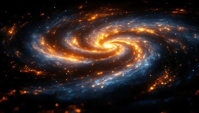 A blue-and-gold spiral galaxy swirls through a star-filled dark space background.