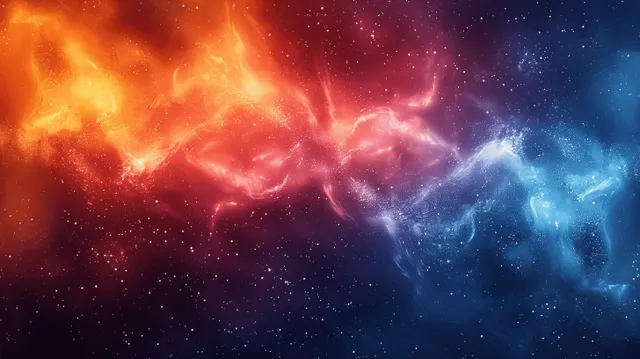 Abstract red-orange-blue nebula clouds with small stars and smoky glowing gradient on a dark background.