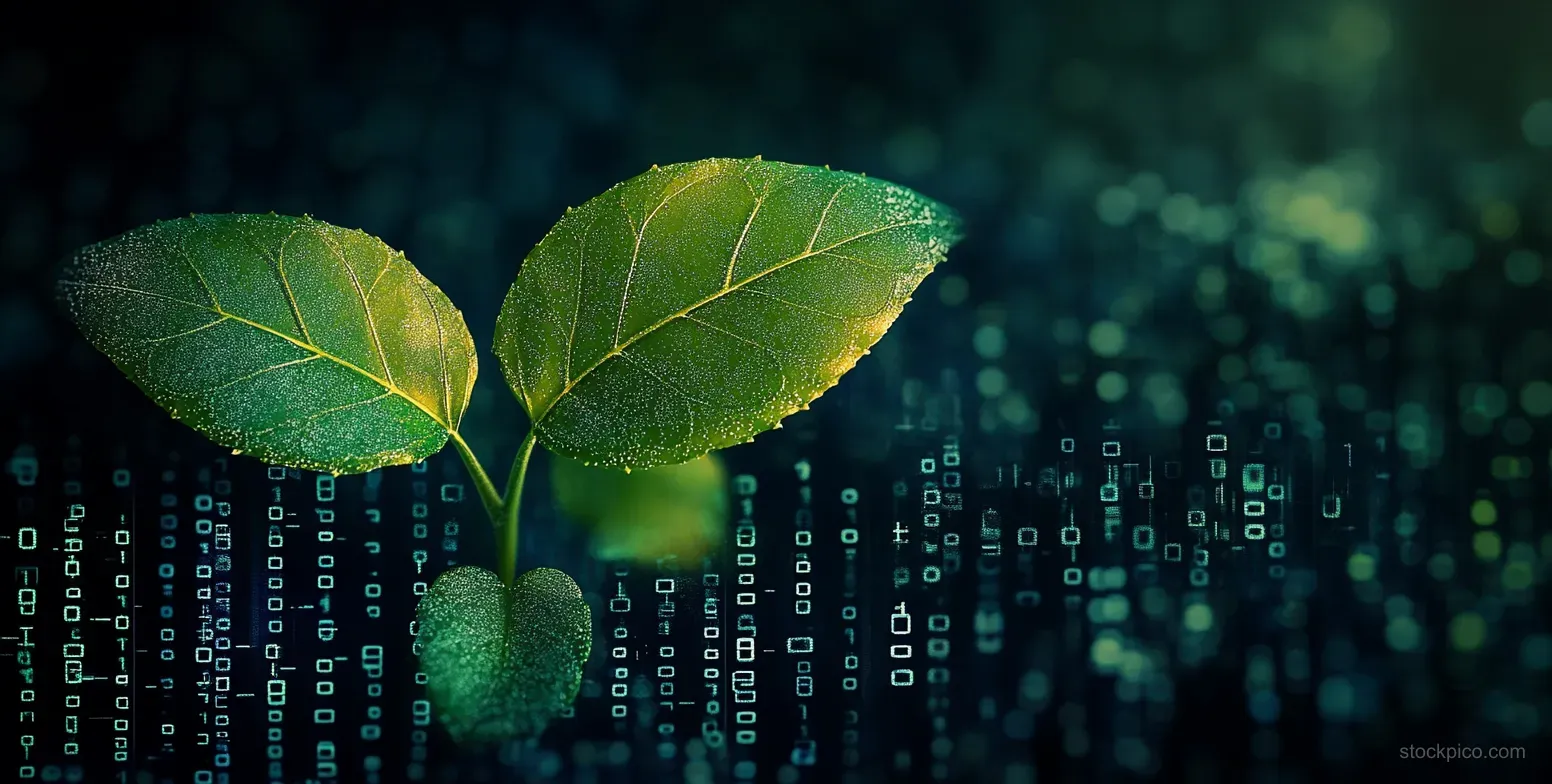Green plant sprout with two leaves rises in front of glowing digital data streams.