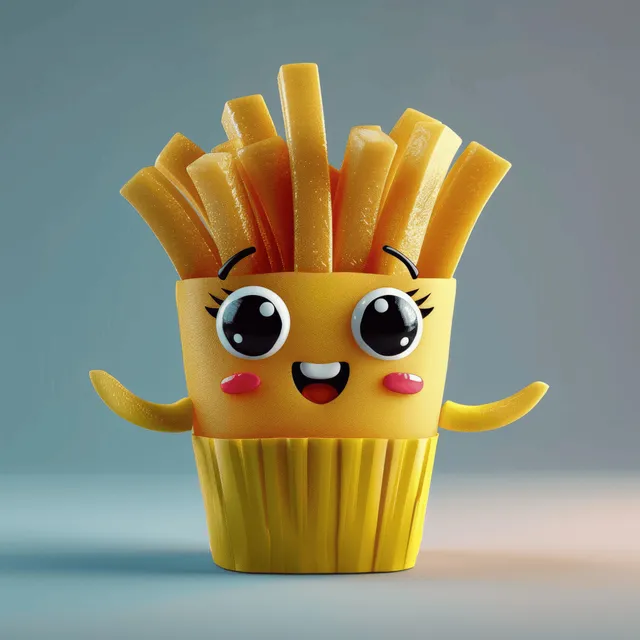 A cute 3D French fries character with big eyes and a smiling mouth on a light minimalist background.