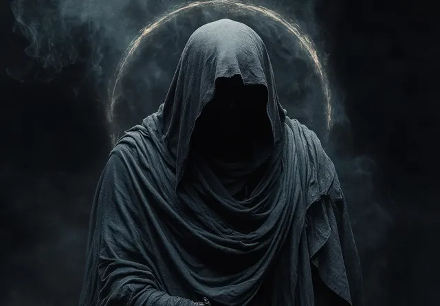 A hooded figure in dark robes stands in fog with a glowing halo ring behind their silhouette.