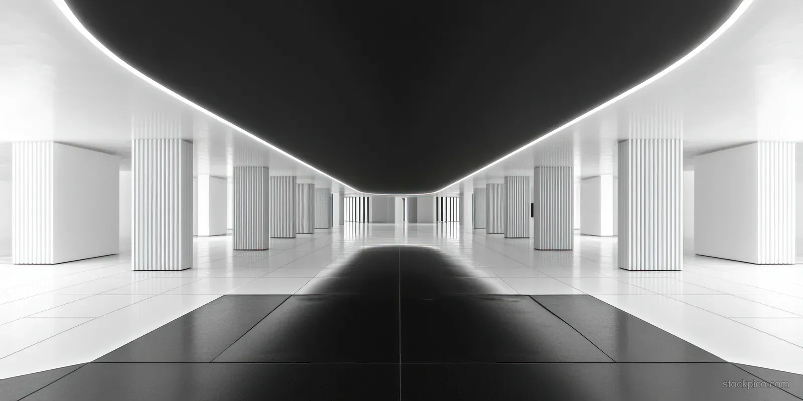 Symmetrical white corridor with columns and soft glowing ceiling lights leading to a central black path.